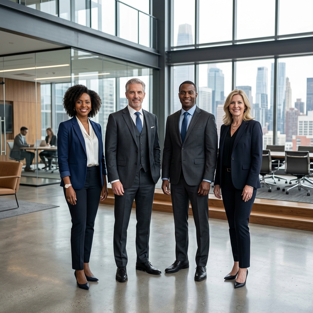 Diverse team of Virtual CFOs in a modern executive office